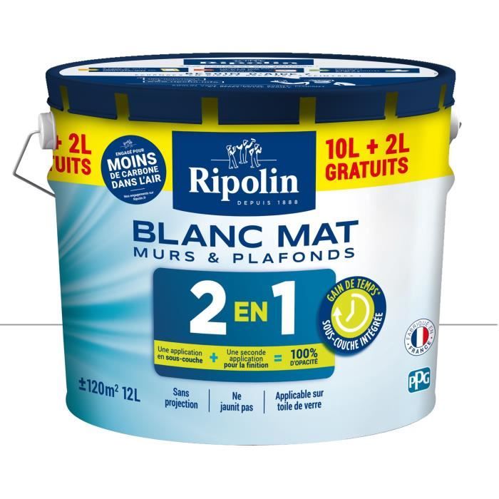 Ripolin 2 in 1 Matt White Wall and Ceiling Paint 10L + 2L free