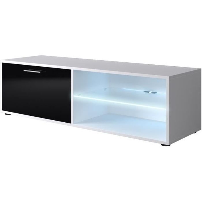 KORA Meuble TV LED contemporain blanc et noir brillant - L 118 cm