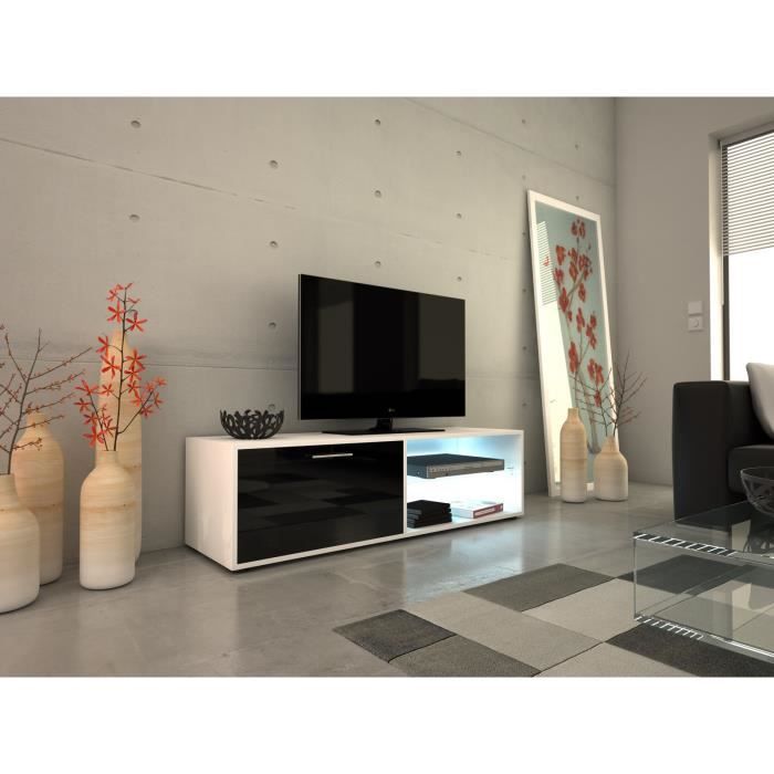 KORA Meuble TV LED contemporain blanc et noir brillant - L 118 cm