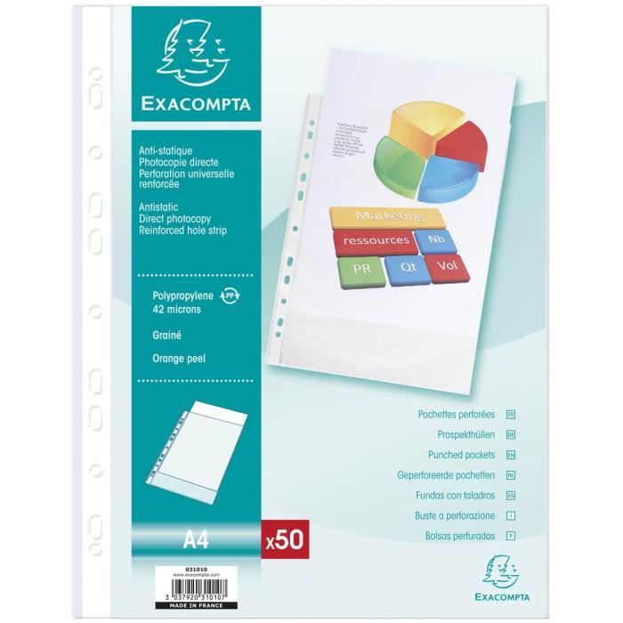 EXACOMPTA - 50 pochettes perforées - 21 x 29,7 - Polypropylene grainé incolore 42µ - 11 trous - Sous film