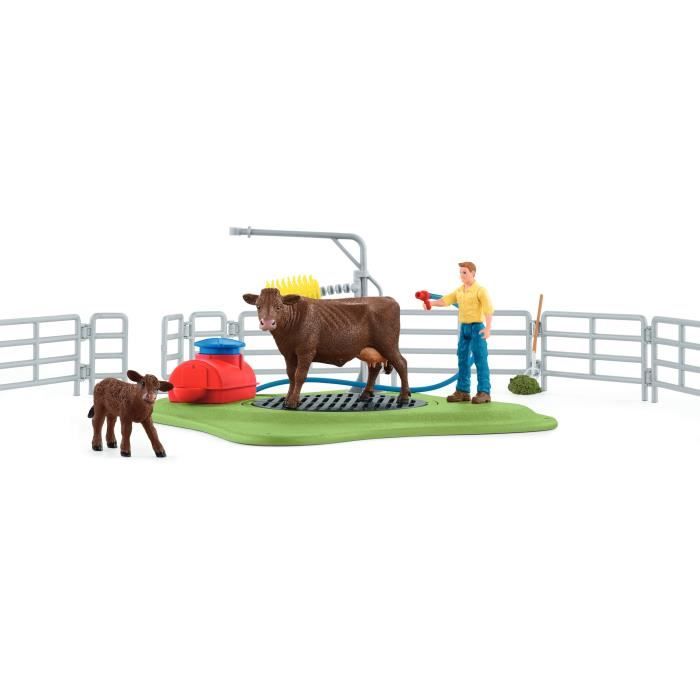 Image secondaire de Station de lavage pour vache, Coffret de jeu avec 1 figurine de vache, 1 veau et 1 figurine humaine - SCHLEICH 42529 FARM WORLD
