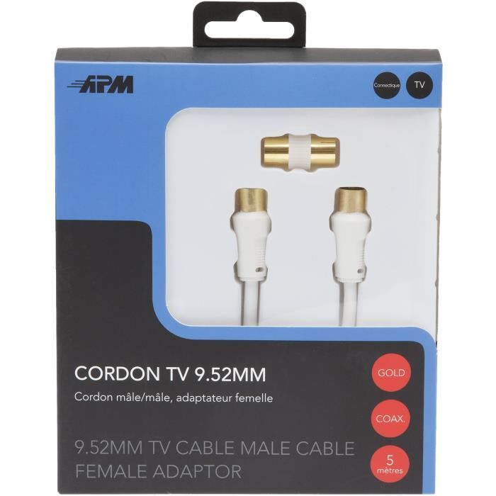 APM Cordon TV - Mâle/Mâle - 9,52mm - Blanc - 5m + Adaptateur Femelle