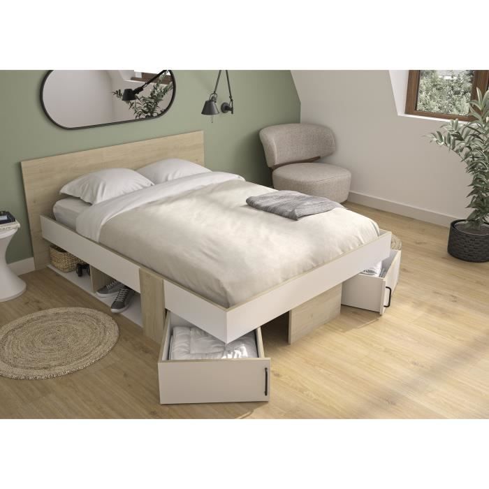 Image secondaire de Lit adulte SWIVEL avec tiroirs de rangement en chêne et blanc - 140 x 190 cm