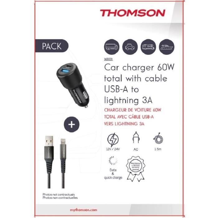 Image secondaire de Pack chargeur + câble - THOMSON - Chargeur de voiture 60 W - Câble USB-A vers L 3A