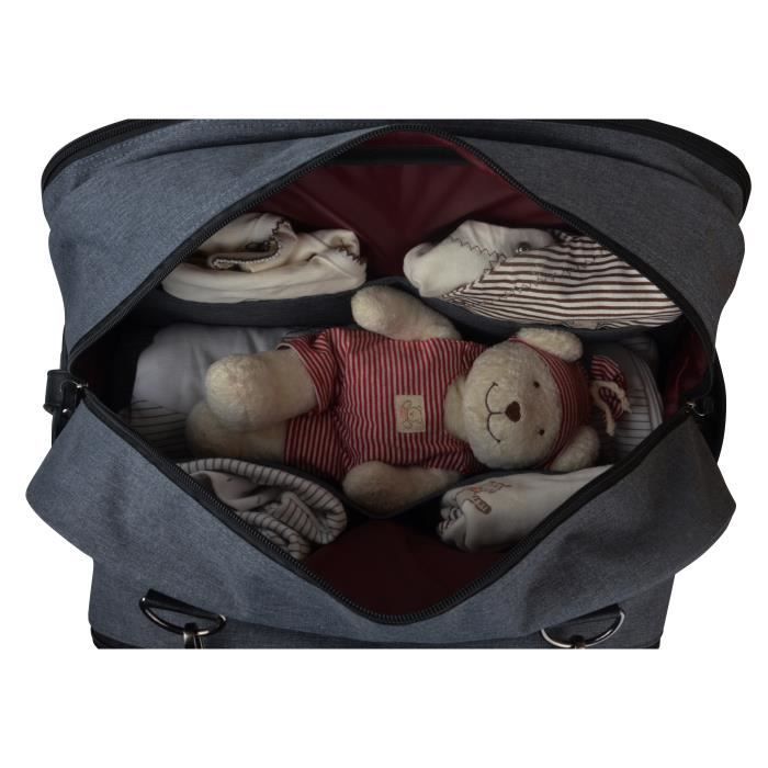 Baby on board - saca a langer- week end team smoke-sac de voyage bébé   - gris chiné détails cuir bordeaux et noir sac grand format
