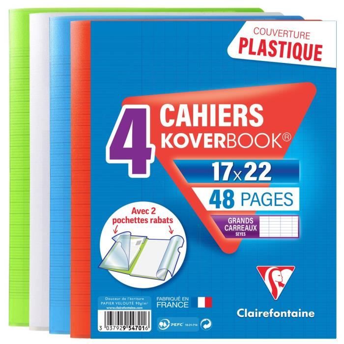 CLAIREFONTAINE Lot de 4 Koverbook Cahier piqure 48 pages avec rabats - 170 x 220 mm - Seyes papier PEFC 90 g