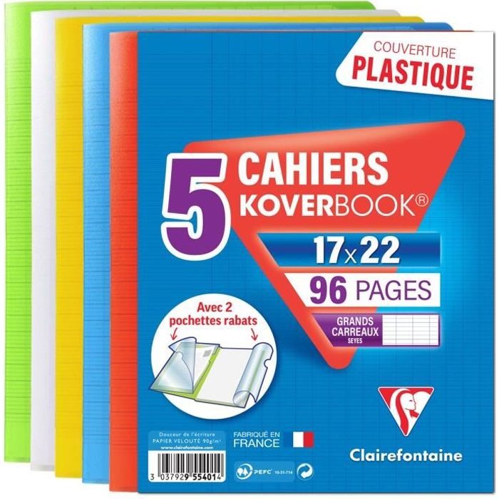 CLAIREFONTAINE Lot de 5 Koverbook Cahier piqure 96 pages avec rabats - 170 x 220 mm - Seyes papier PEFC 90 g - 5 couleurs assorties