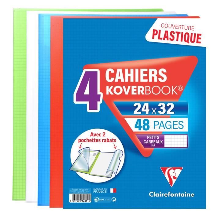 CLAIREFONTAINE Lot de 4 Koverbook Cahier piqure 48 pages avec rabats - 240 x 320 mm - 5 x 5 papier PEFC 90 g - 4 couleurs assorties