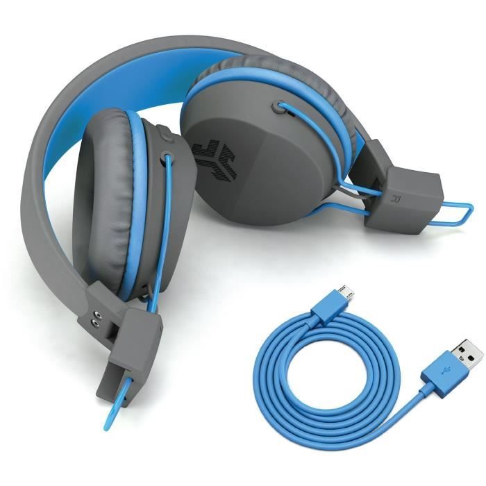 JLab Audio - JBuddies Studio Kids WirelessGrey/Blue - Casque sans fil - Bluetooth - Pliage compact -  Autonomie BT 24h