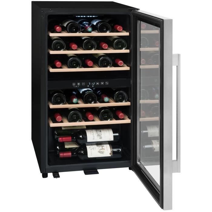 LA SOMMELIERE ECS30.2Z-Cave a vin de service porte vitrée-double zone-cadre noir et inox-29 bouteilles-5 clayettes bois
