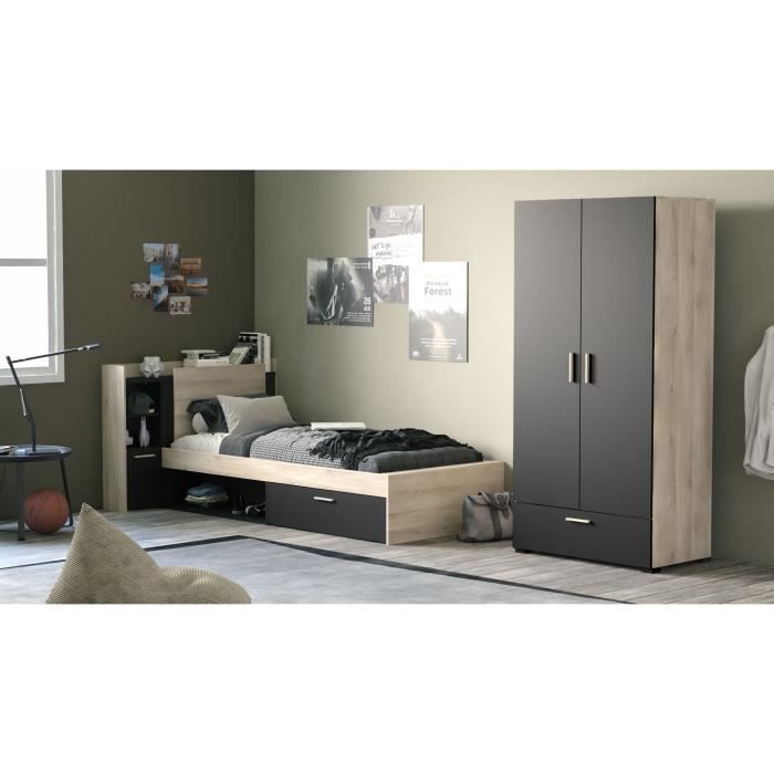 Image secondaire de Lit Enfant LIFE avec Rangements - 90x190/200 - Chêne et Noir