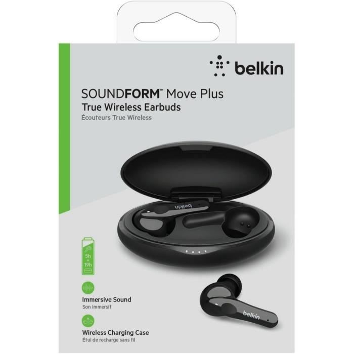 BELKIN SOUNDFORM™ Move Plus Écouteurs sans fil True Wireless - Etui de recharge sans fil - IPX5 - 5h autonomie - 3 embouts - Noir
