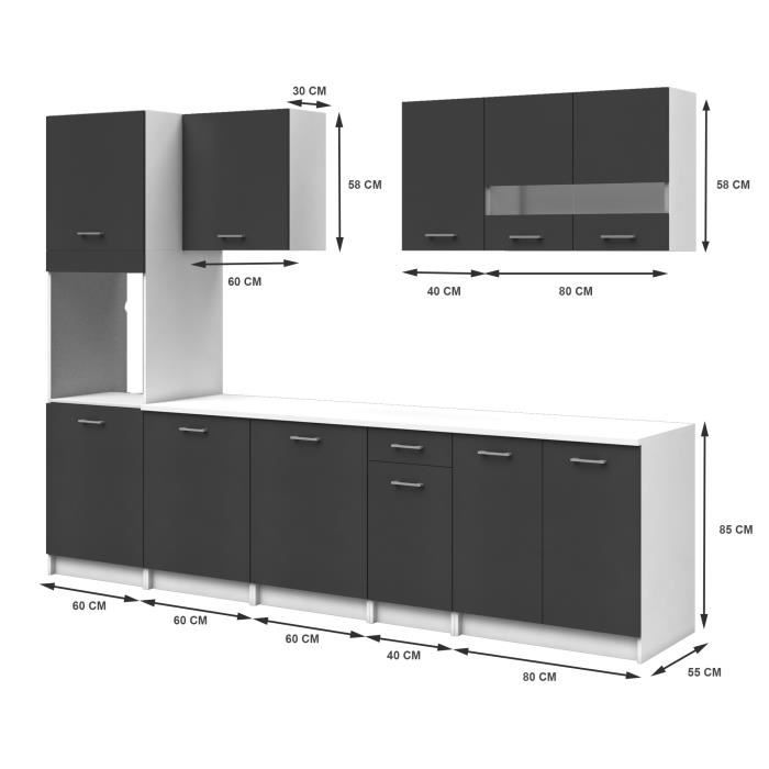 EXTRA Cuisine complete avec colonne four et plan de travail inclus L 300 cm - 8 éléments - Gris mat