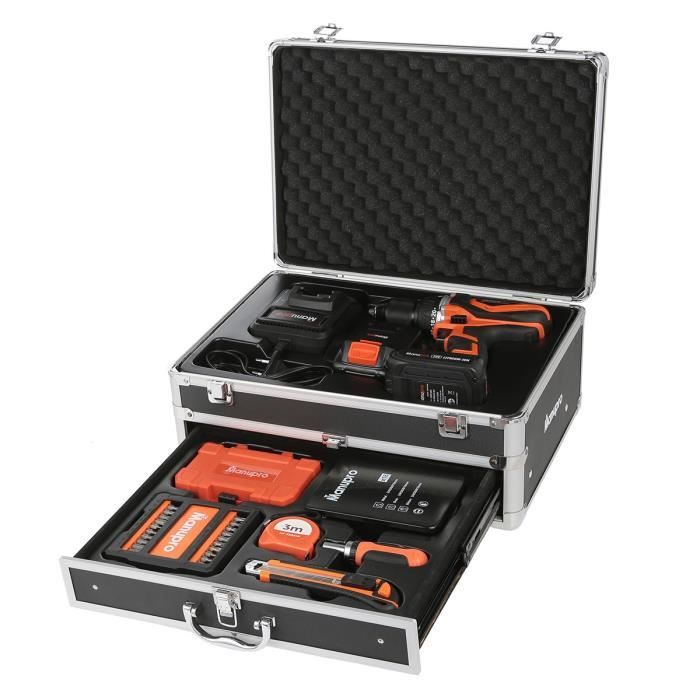 Coffret Perceuse visseuse sans fil MANUPRO - 20V - 2 batteries 2 Ah - Chargeur rapide - Malette aluminium - 99 accessoires