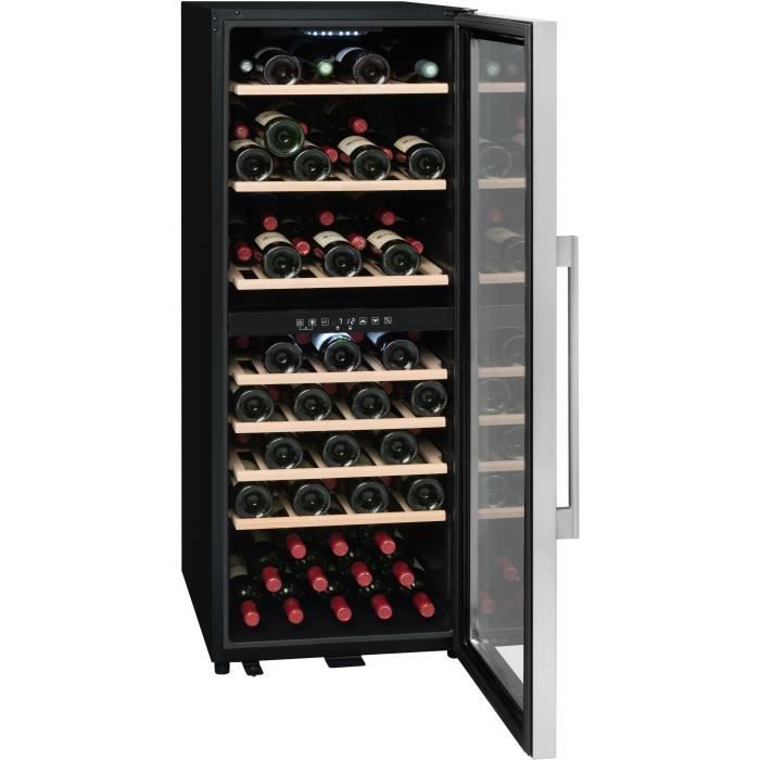 LA SOMMELIERE ECS80.2Z-Cave a vin de service porte vitrée-double zone-cadre noir et inox-75 bouteilles-7 clayettes bois