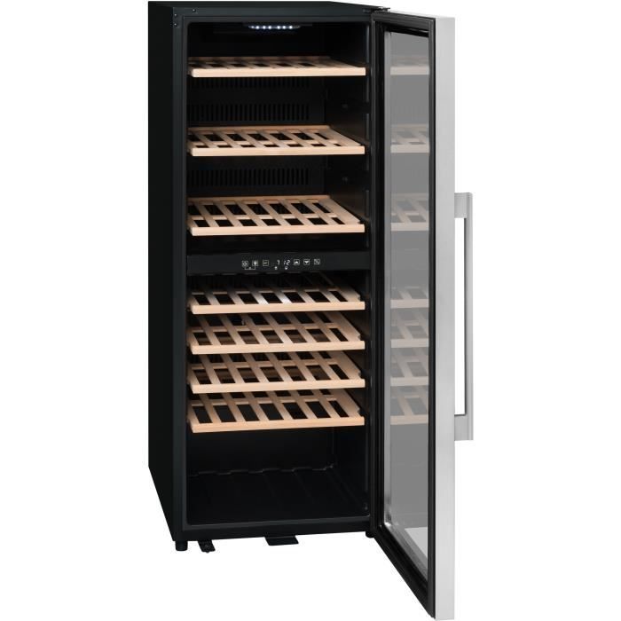 LA SOMMELIERE ECS80.2Z-Cave a vin de service porte vitrée-double zone-cadre noir et inox-75 bouteilles-7 clayettes bois