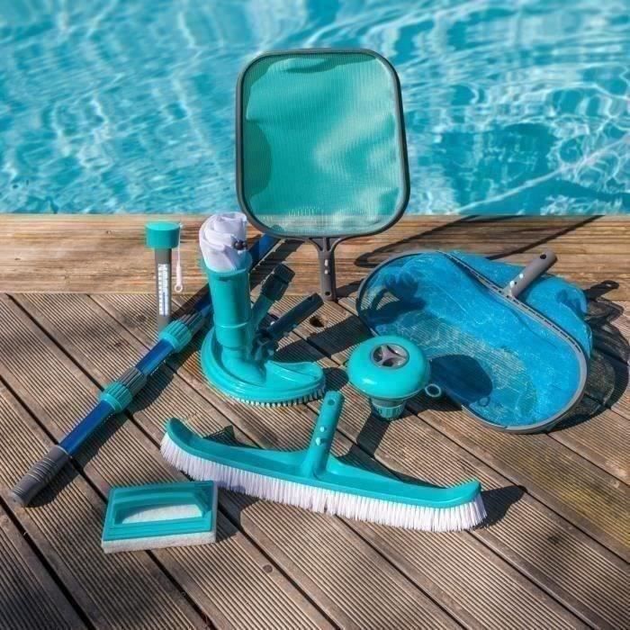 SPOOL Kit d'entretien de piscine 8 accessoires : manche, brosse ligne d'eau, épuisette, thermometre, balai, diffuseur, balai demi lu
