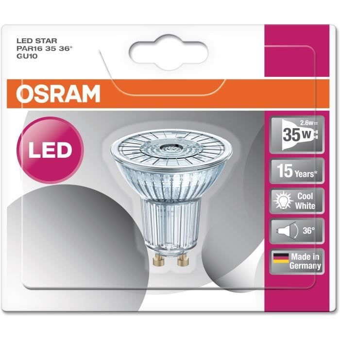 OSRAM Ampoule Spot LED PAR16 GU10 2,6 W équivalent a 35 W blanc froid