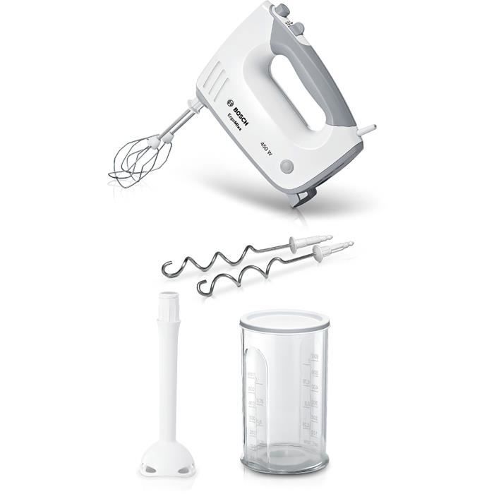Batteur Bosch - MFQ36440 - 450 W - 5 vitesses - 2 fouets / 2 crochets p�trisseurs inox - Bol gradu� avec couvercle - Blanc / Gris