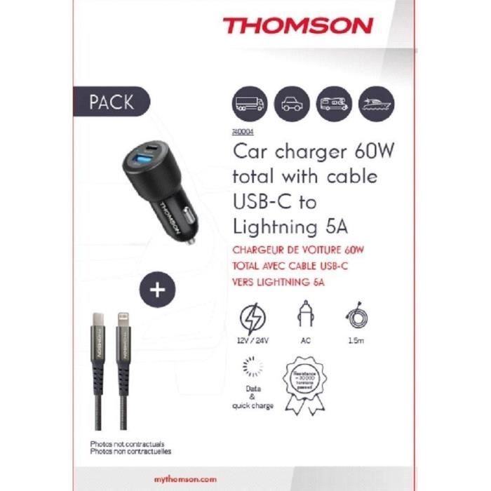 Image secondaire de Pack chargeur + câble - THOMSON - Chargeur de voiture 60 W - Câble C vers L 5A - Longueur 1.5m