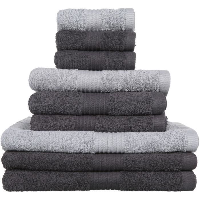 Lot de 9 serviettes de bain ESSENTIAL - 100% Coton - 50 / 90 / 130 cm - Coloris fusain et acier - TODAY