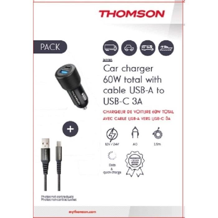 Image secondaire de Pack chargeur + câble - THOMSON - Chargeur de voiture 60 W - Câble USB-A vers C 3A - longueur 1.5 m