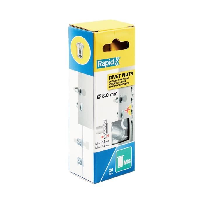 Dadi a crimpare per viti Ø8mm - RAPID - M8 - Confezione da 20 pezzi + punta per trapano