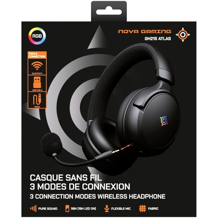 Image secondaire de Casque Gamer Sans Fil ATLAS GH215 avec Micro Amovible et LED RGB - Noir