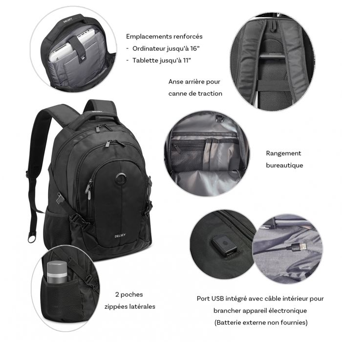 DELSEY Navigator Sac a dos - Port USB - Polyester - 47,5x32x5x21,5 - 0,700 kg - Noir
