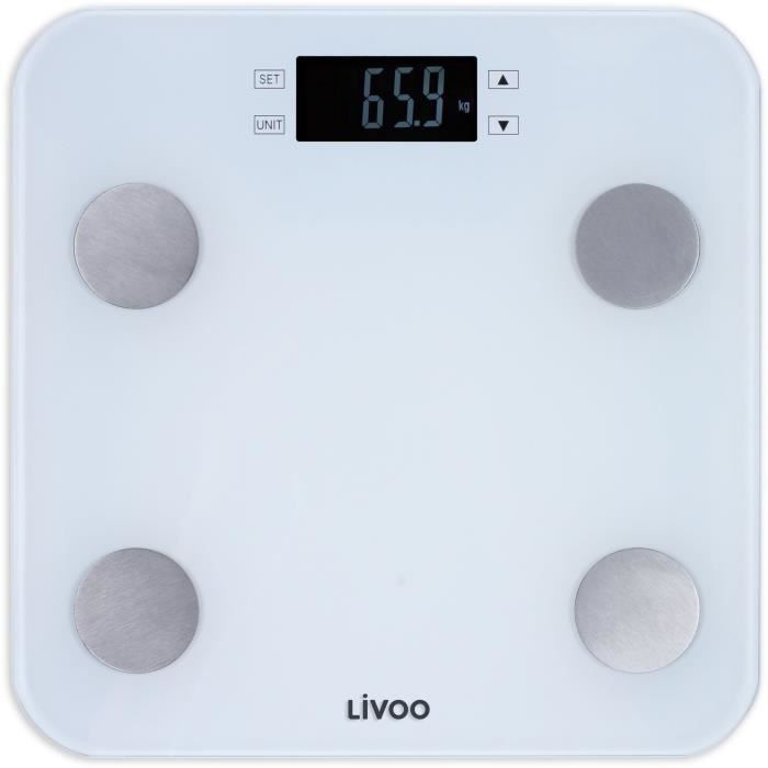 Pese-personne impédancemetre - LIVOO - DOM427W - 7 indicateurs - Max 180 kg - 13 profils - LCD - Marche et arret auto - Blanc