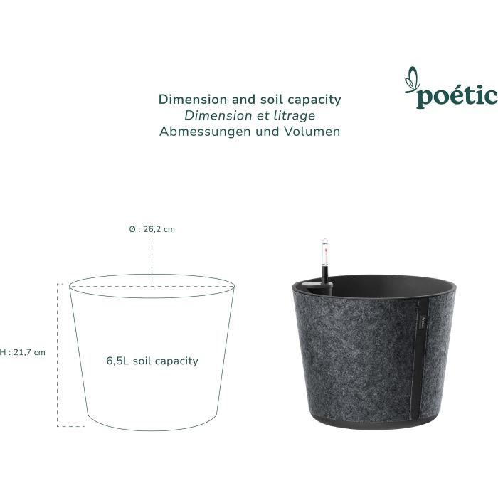 Pot de fleurs rond d'intérieur, Réserve d'eau et indicateur niveau d'eau, Finition feutre textile, Ardoise, Ø26,2 x 21,7cm - PoeTIC