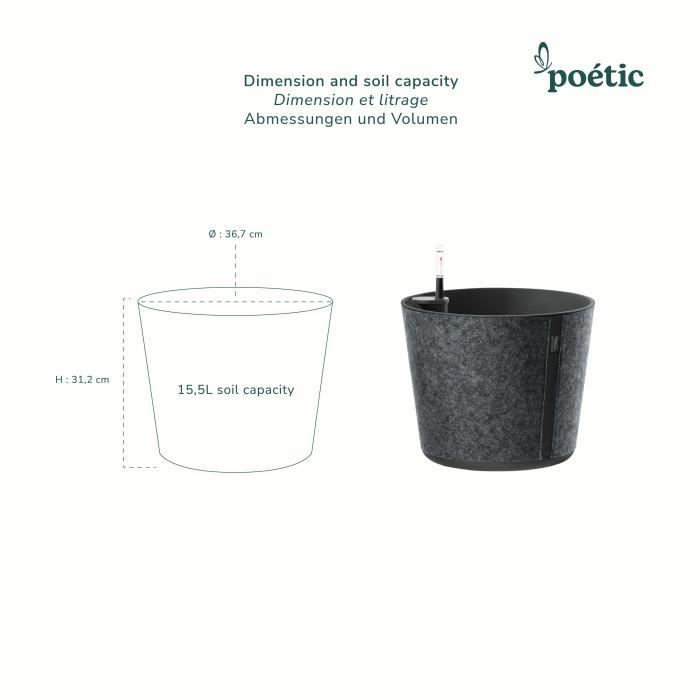 Pot de fleurs rond d'intérieur - PoeTIC - Réserve d'eau et indicateur niveau d'eau,Finition feutre textile,Ardoise- Ø36,7 x 31,2cm -