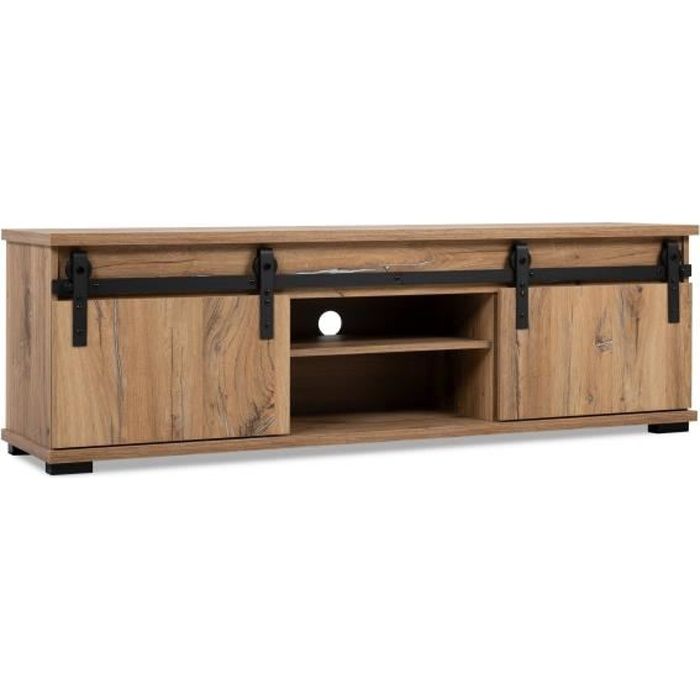 Meuble TV 2 portes coulissantes - Décor chene - 160 x 40 x 50 cm - MANZANO