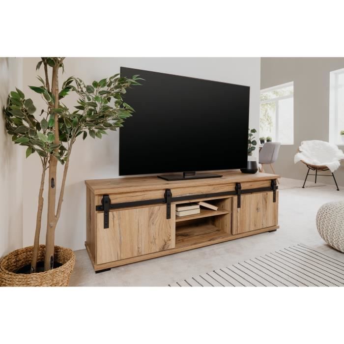 Meuble TV 2 portes coulissantes - Décor chene - 160 x 40 x 50 cm - MANZANO