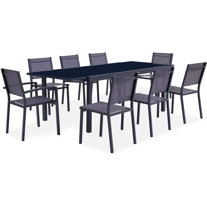 Ensemble repas 6 a 8 personnes - Table extensible 180/240x10 cm en Aluminium - 6 chaises et 2 fauteuils assise textilene - Gris