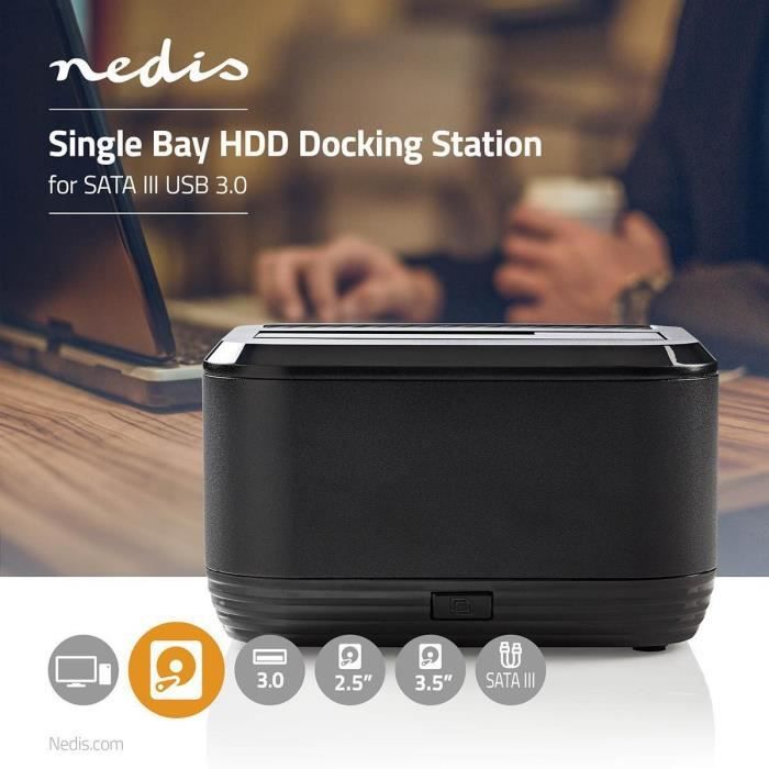 NEDIS Station d'Accueil pour Disque Dur - USB 3.0 - SATA - Baie Unique - avec Adaptateur Secteur (HDDUSB3200BK)