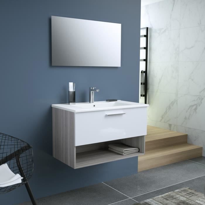 BENTO Einzelwaschbecken Bad + Spiegel L 80 cm - 1 langsam schließende Schublade - Weiß