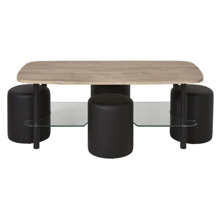 Ensemble Table basse - Plateau bois et verre et 4 poufs simili - Noir - L 120 x P 60 x H 45 cm