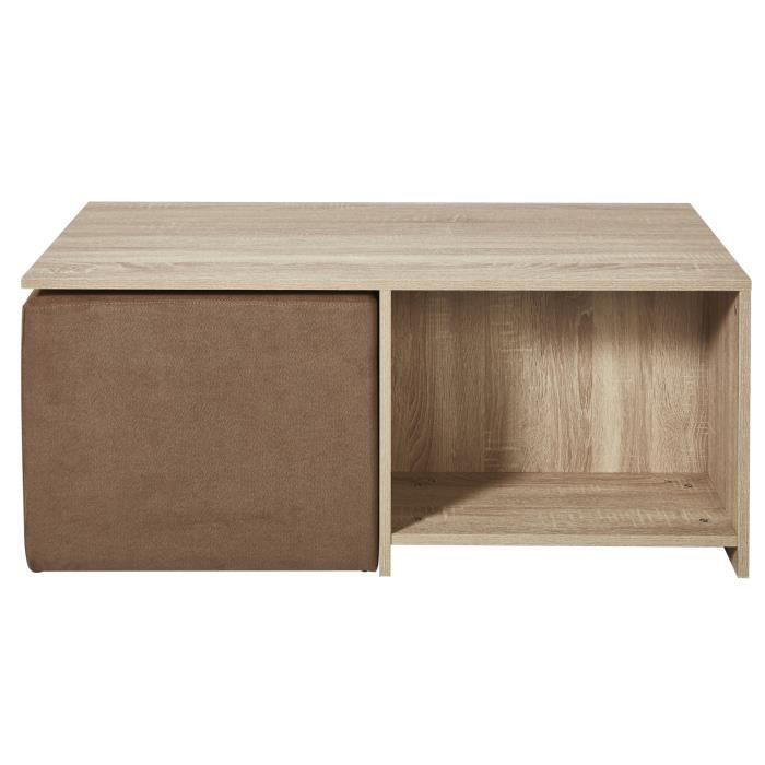 Ensemble table basse bois MDF Décor Naturel + 2 poufs tissu Taupe - L 100 x P 60 x H 41,8 cm - ALICE