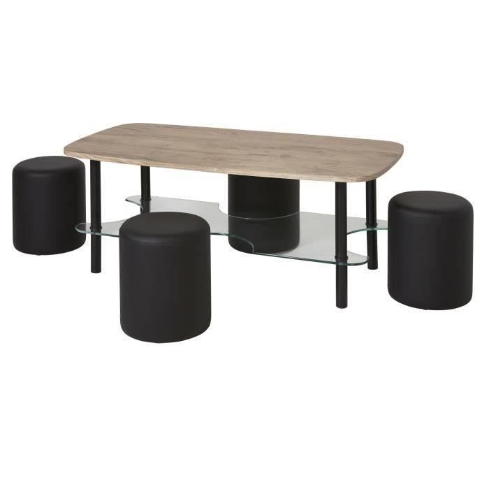 Ensemble Table basse - Plateau bois et verre et 4 poufs simili - Noir - L 120 x P 60 x H 45 cm