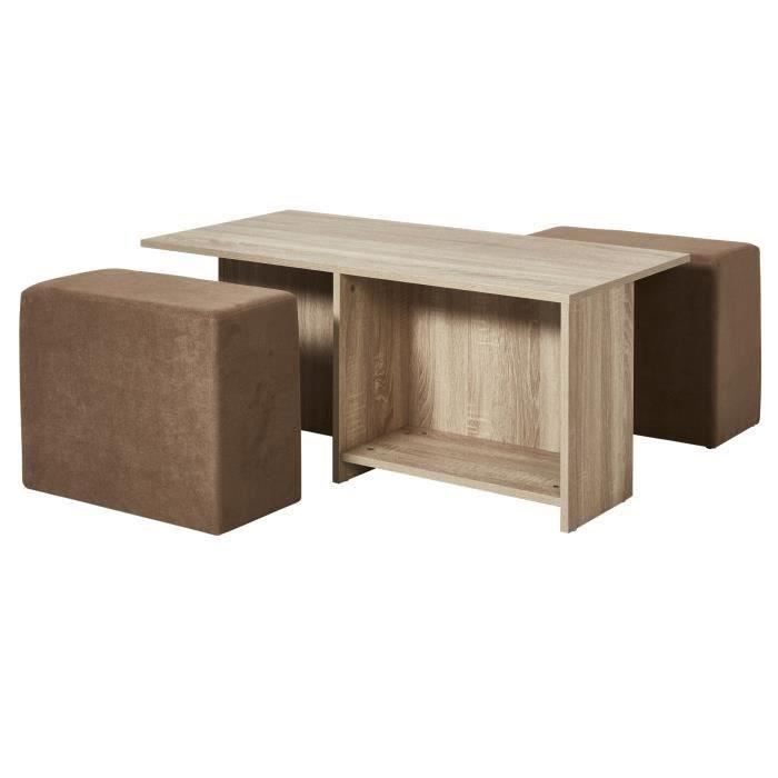 Ensemble table basse bois MDF Décor Naturel + 2 poufs tissu Taupe - L 100 x P 60 x H 41,8 cm - ALICE