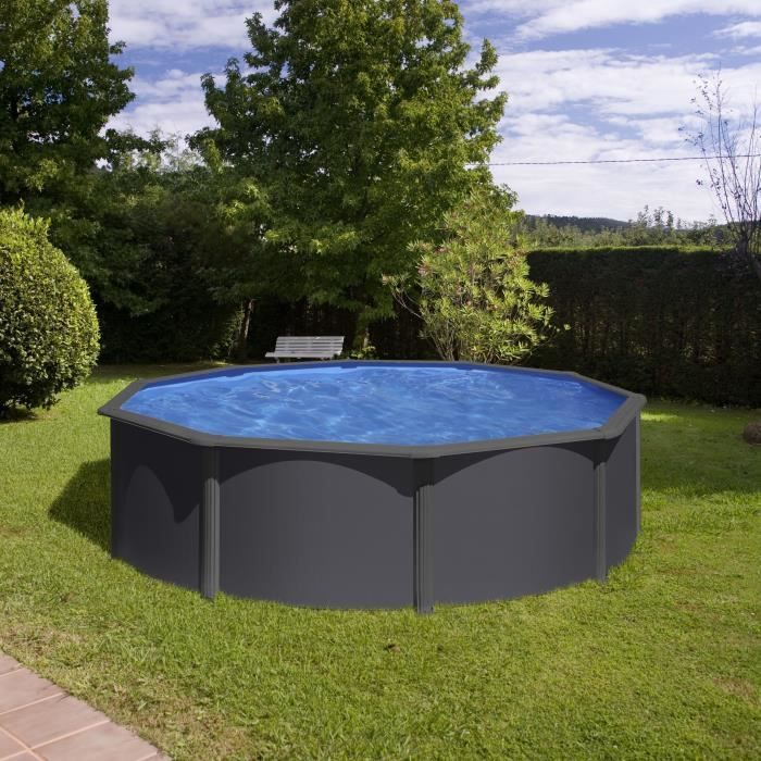 Image secondaire de Kit Piscine Hors Sol Ronde GRE en Acier Anthracite Ø480 x H122 avec Filtre et Échelle