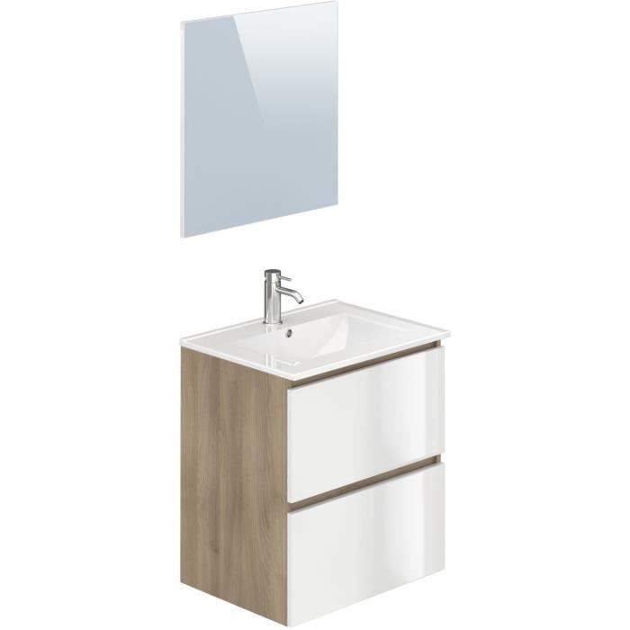 MYSTIC Meuble vasque 2 tiroirs + Miroir - L 61 x P 47 x H 68 cm - Mélaminé chene et blanc brillant