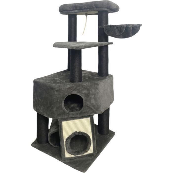 GUILY Tiragraffi grigio scuro - 50 x 50 x 141 cm - Grigio scuro - 2 piattaforme, 1 trespolo, 1 capanna, 1 rampa, 1 tunnel