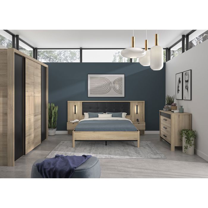 Image secondaire de Lit adulte MAXIMIN avec chevets lambris - 140 x 190 cm - Chêne Krönberg clair