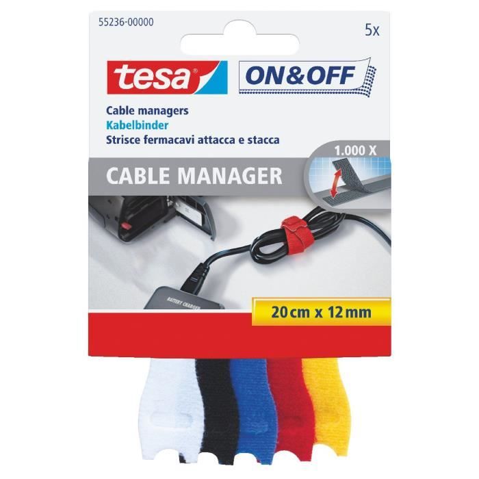 TESA Attache Câble - 0,2 m x 12 mm - 5 couleurs - 5 pieces