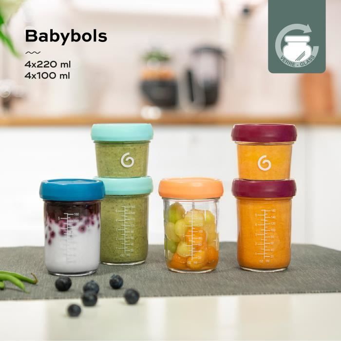 Babymoov Babybols en verre - Multiset - Pots de conservation hermétiques 4x100 ml + 4x220 ml