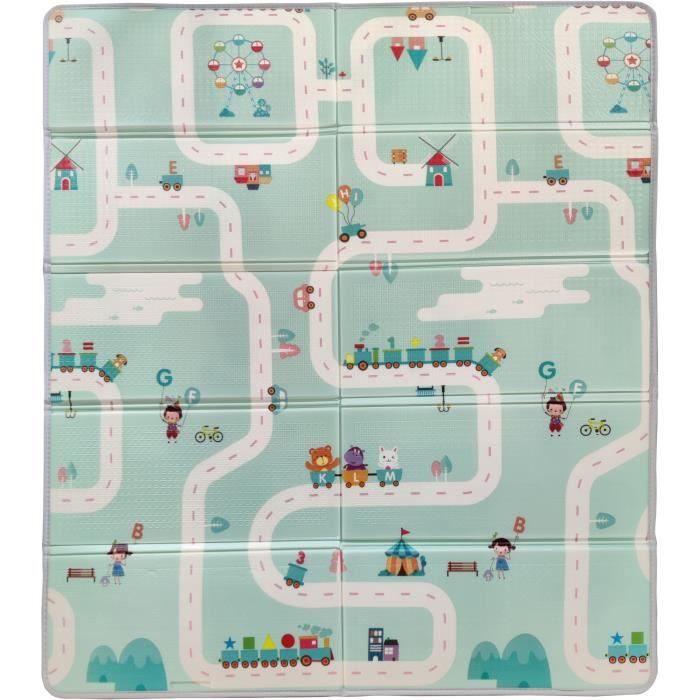 Tapis d'éveil réversible TINEO - 150 x 180 cm avec motifs animaux et circuit de voitures