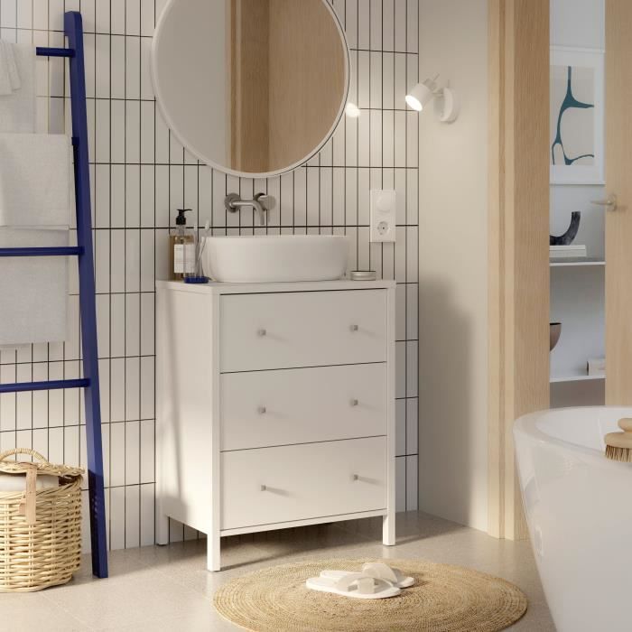 Image secondaire de Meuble sous lavabo - Blanc - 3 tiroirs - L64 x P40 x H83 cm - IPSARION