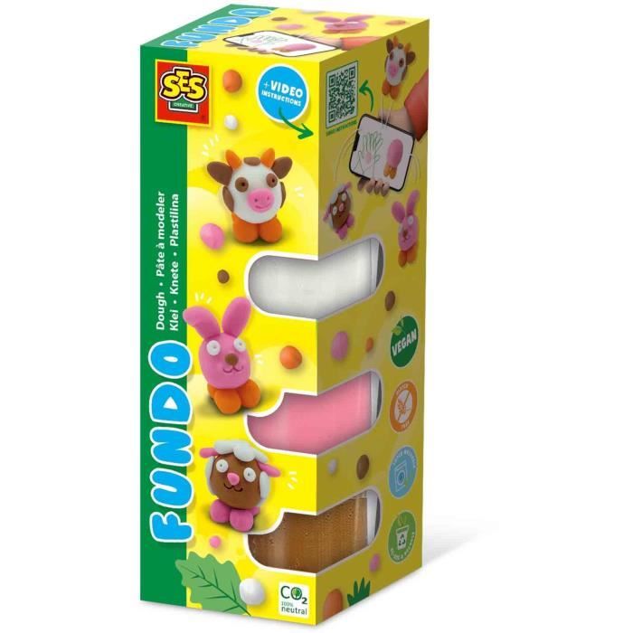Pasta da modellare FunDo - Animali della fattoria (3x90gr-1x40gr) - SES CREATIVE - Interattivo per bambini piccoli.